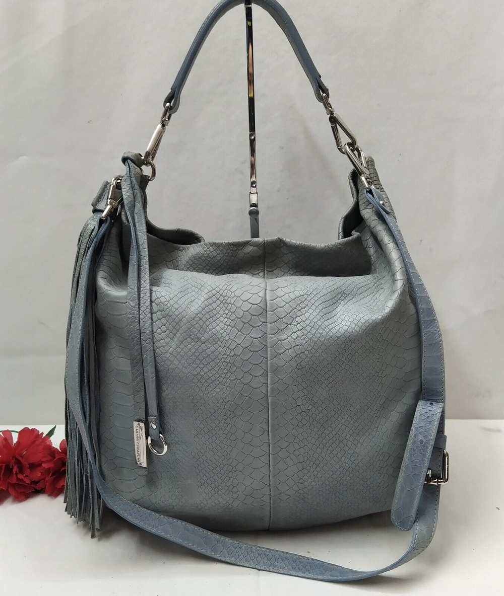 Gianni Chiarini Light Blue Leather Snakeskin Embossed Tassel Hobo Shoulder Bag